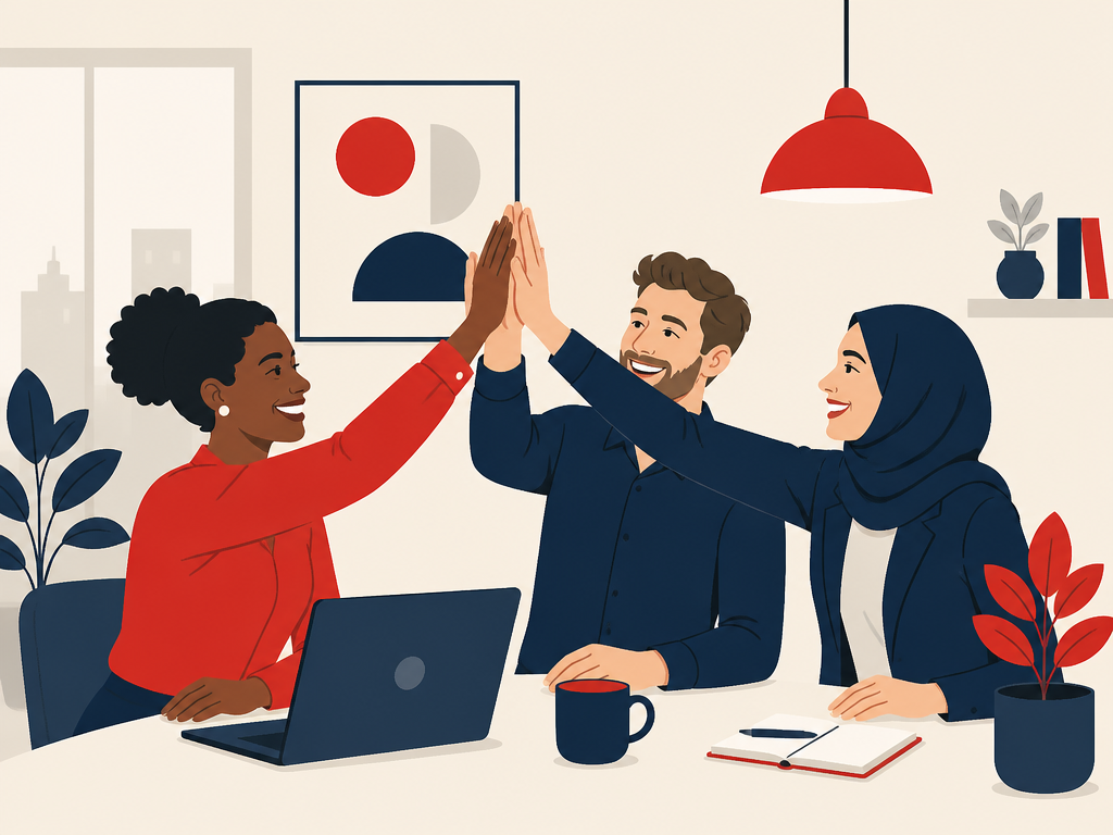 A happy, relaxed team high-fiving around a tidy workspace, the fix delivered in-house