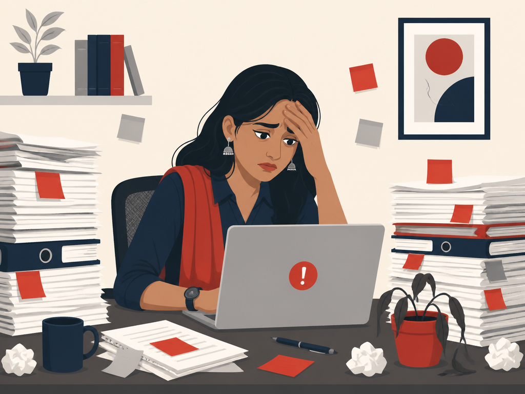 A worried manager buried in paperwork and warning signs, the stress of a process nobody can pin down