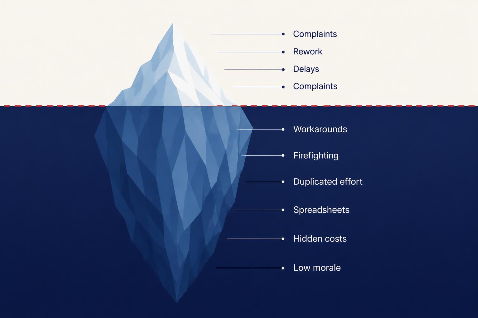 Iceberg illustration: visible symptoms above the waterline, hidden causes below